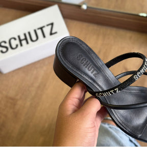 Sandália Schutz Salto Bloco Tiras com Strass S224950002