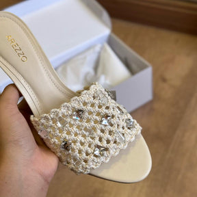 Sandália Mule Arezzo Salto Kitten Bordado Floral  A132170010