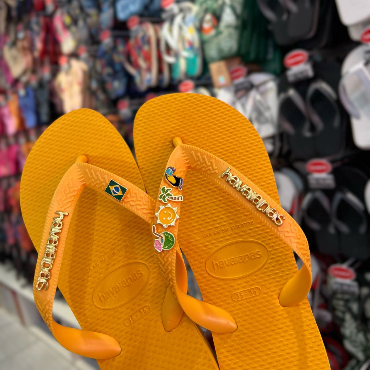 Havaianas Top + Placa Logo + Pins Brasil, Tucano, Coqueiro, Aguá de Coco e Sol