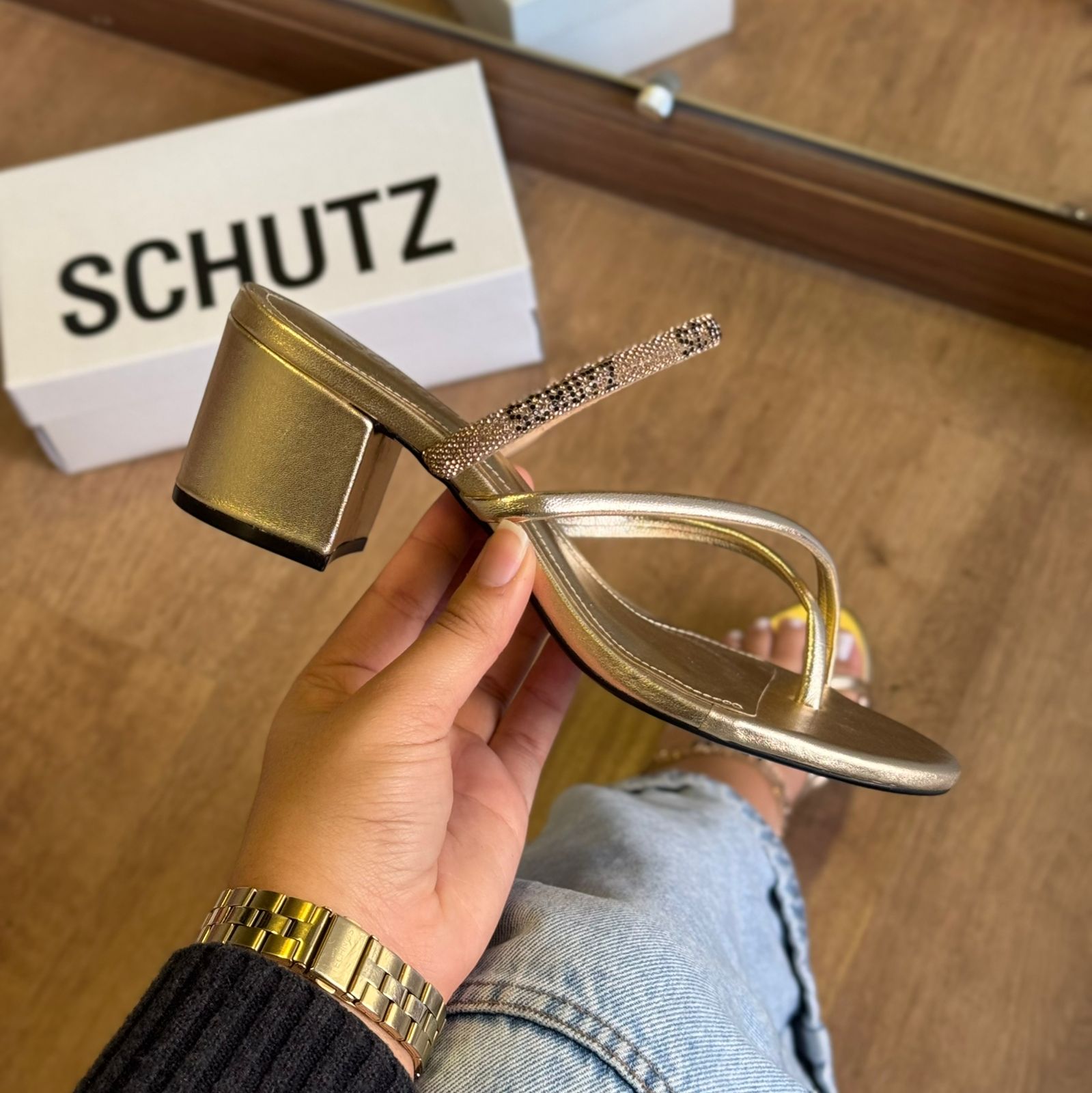 Sandália Schutz Salto Bloco Tiras com Strass S224950002