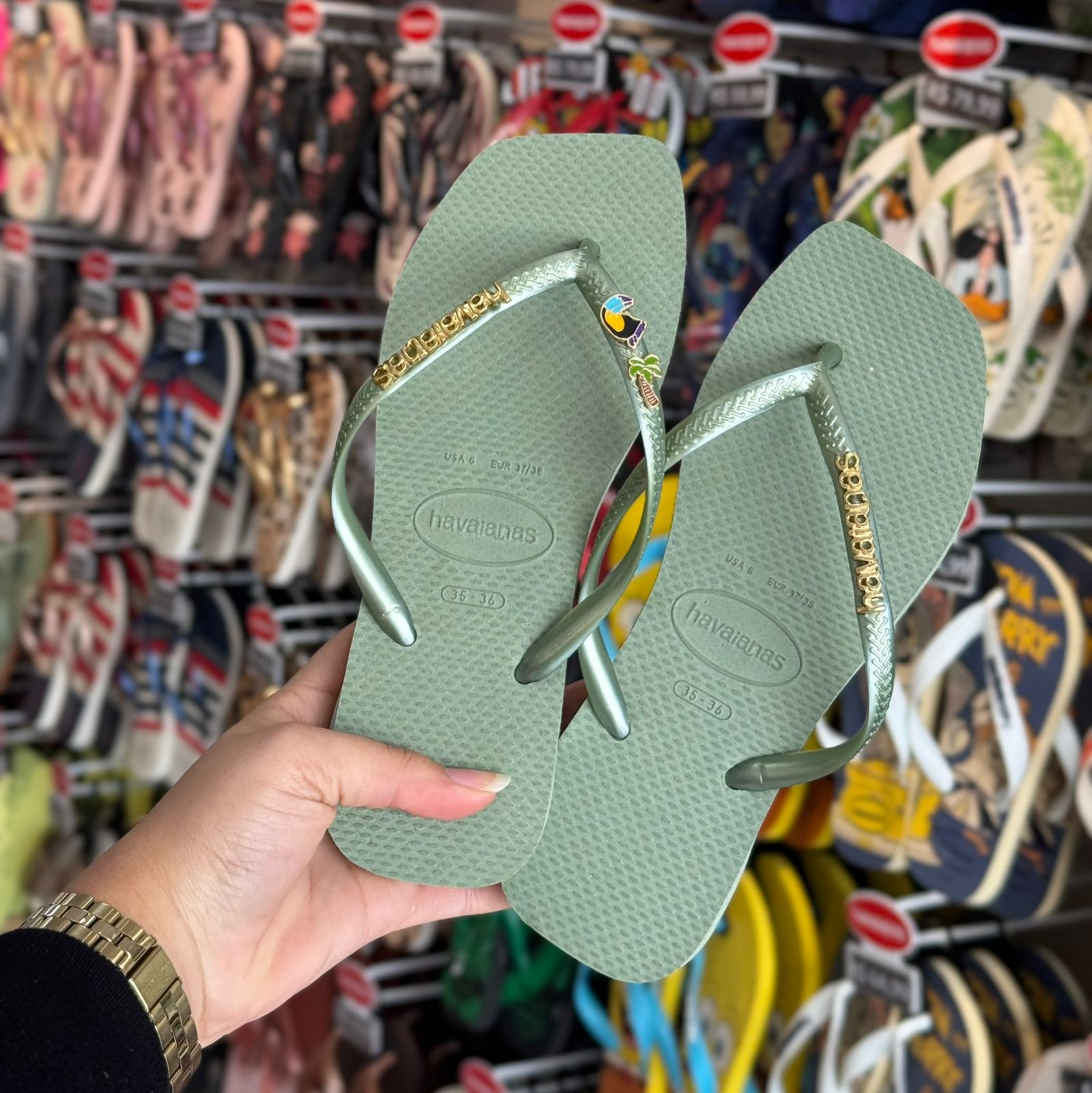 Havaianas Slim Square + Placa Logo + Pin Tucano e Coqueiro